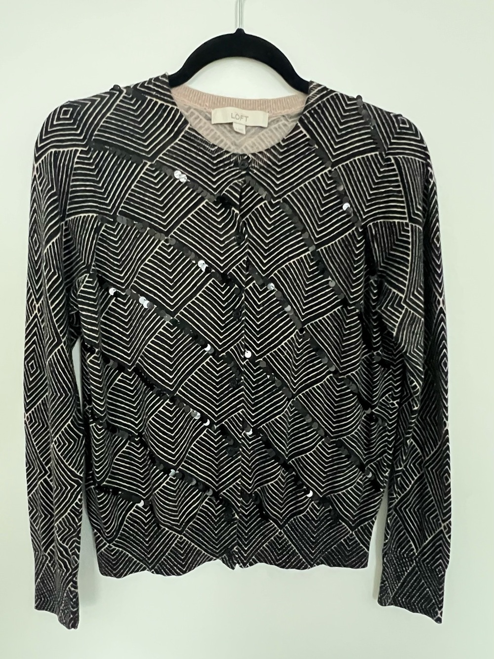 LOFT Black Geometric Sequin Cardigan Sweater L